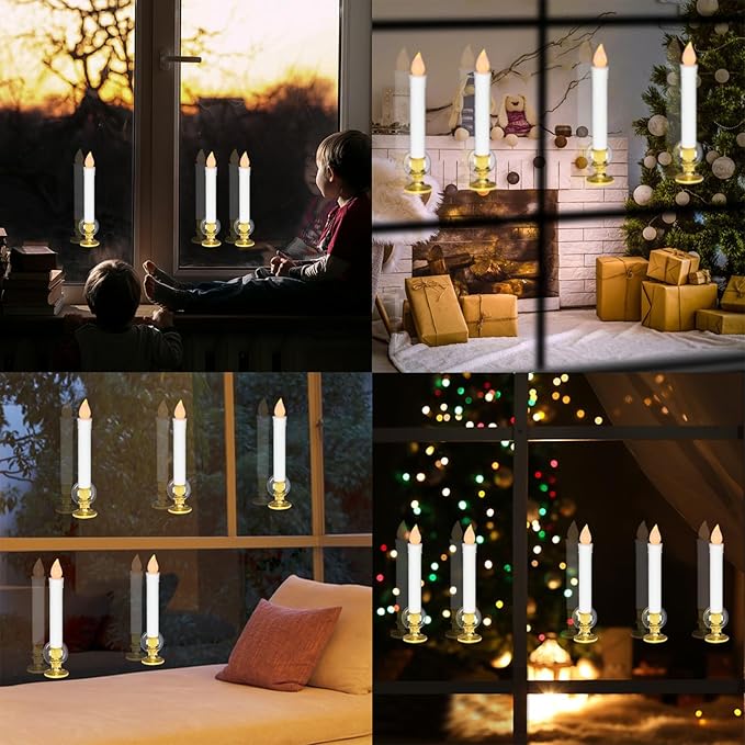 DRomance 9" Flameless Window Taper Candles Battery Operated with 8-Key Remote and Timer, 8 Pack White Christmas Holdiay Window Candles with Gold Holders, Suction Cups and AA Batteries Included