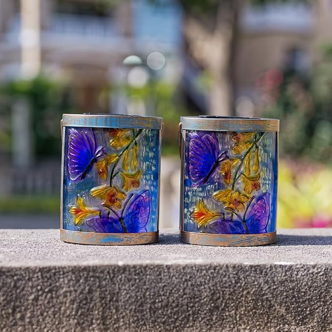 2 Pack Purple Butterfly Hanging Solar Lights for Outside Waterproof Glass Solar Lantern for Tabletop Garden Patio Decor