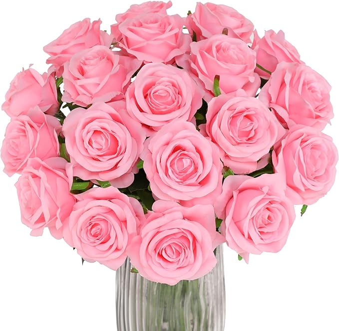 Pink Fake Roses Artificial Flowers - 16 Pcs Fake Artificial Roses Silk Flowers with Stems for Home Wedding Hotel Office Centerpiece Decor