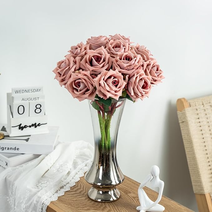 Fake Roses Faux Flowers Silk Roses 16.5in Artificial Roses with Stems Realistic Artificial Flowers Suitable for Indoor Home Decor DIY Bouquet Wedding Decor Party Decor (Pink Purple,12PCS)