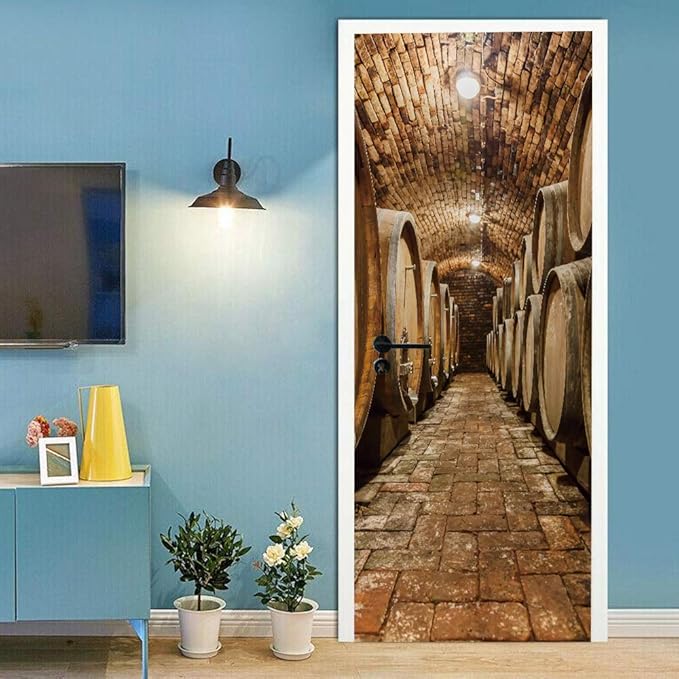 3D Door Stickers Murals Peel and Stick - Wine Cellar - Door Wallpaper Self-Adhesive Door Decals Removable PVC Waterproof Door Poster for Bedroom Living Room Door Decoration 37.4" x 82.7"