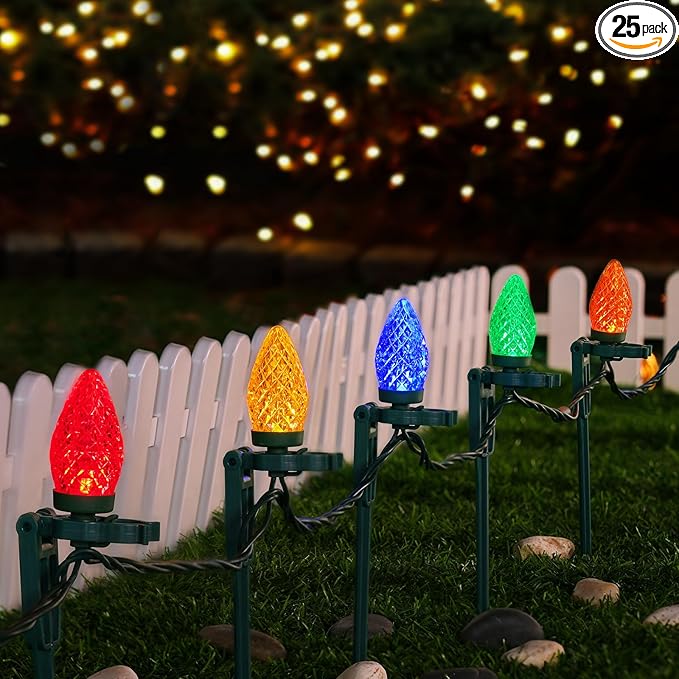 SURAIELEC C9 Christmas Pathway Lights, 25FT Outdoor Christmas Light with 25 Stakes, 25 Multicolored LED Bulbs, Connetable String Lights for Yard, Walkway, Driveway Decor, Waterproof, UL Listed