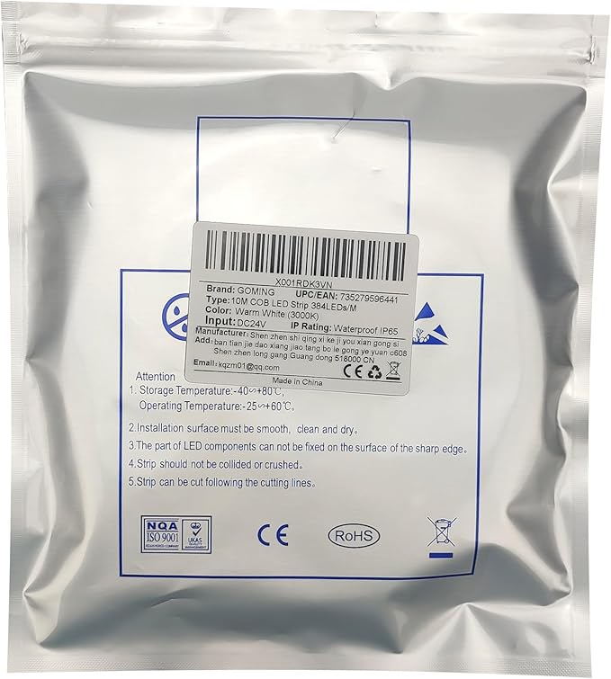 10M/32.8ft 24V COB LED Strip Light Waterproof IP65 Warm White 3000K Uniform Glow 3840LEDs CRI 93+ Flexible LED Tape Lights for DIY Cabinet Bedroom Kitchen Home Decor(No Power Supply)