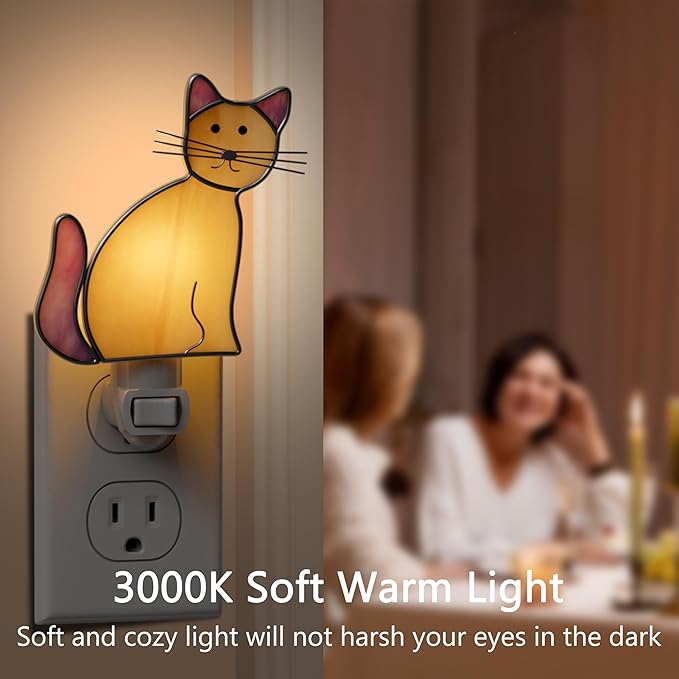 KY&BOSAM Cat Night Light Stained Glass Yellow Plug in Nightlight Decorative Wall Night Lights 7 Watt Bulb Accent Lite Night Memorial Gifts Pet Lost Sympathy Thoughtful Dogs and Cats Remembrance Decor