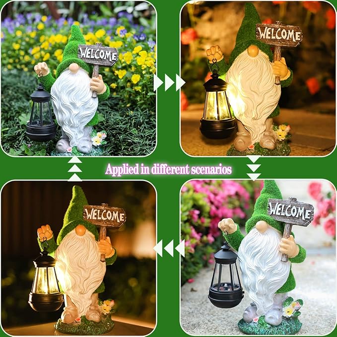 Garden Outdoor Statues, Solar Gnome Statues,Gnome Decorations with Solar Outdoor Lights for Garden Decor, Garden Sculptures & Statues for Front Porch Patio Lawn, Gifts for Mom, 13"", Green