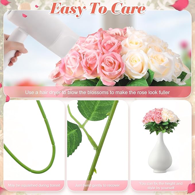 36 Pcs Pink Champagne Rose Artificial Flowers Bulk with Long Stem,Realistic Silk Fake Roses Plastic Roses Bouquet Artificial Flowers for Bridal Wedding Arrangement Table Centerpieces Decor
