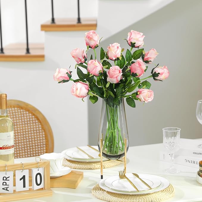 12Pcs Realistic Fake Light Pink Roses Faux Flowers with Long Stems, Artificial Silk Rose Flowers for Valentines Day Home Wedding Decor Bridal Bouquet