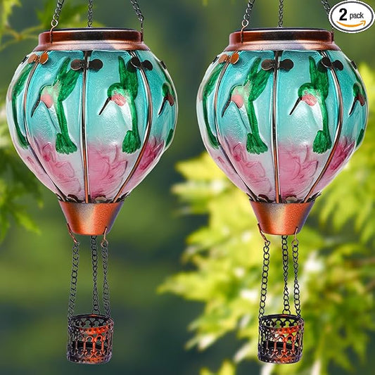 2PCS Solar Hot Air Balloon Lanterns with Flame Glass Hot Air Balloon Lights with 2PCS Shepherd's Hooks Waterproof Hanging Outdoor Solar Lantern for Yard Patio Christmas Decor (Hummingbird)