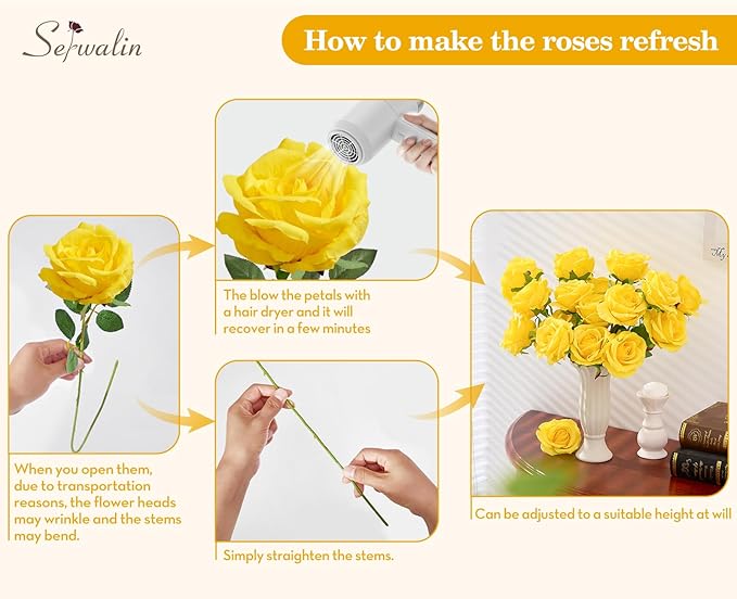 Serwalin 20pcs Artificial Yellow Roses, 4''Big Velvet Flower Head Fake Roses, Realistic Silk Roses Real Touch Bouquet Long Stems for Mother, Wedding Home Decor and Table Centerpiece