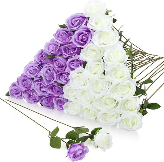 Hoemwarm 36 Pcs Silk Purple White Rose Bouquet Bridal Artificial Flowers,Fake Rose Long Stem Realistic Flowers Bulk for Wedding Bouquet Ball Arrangement Centerpiece Party Decor
