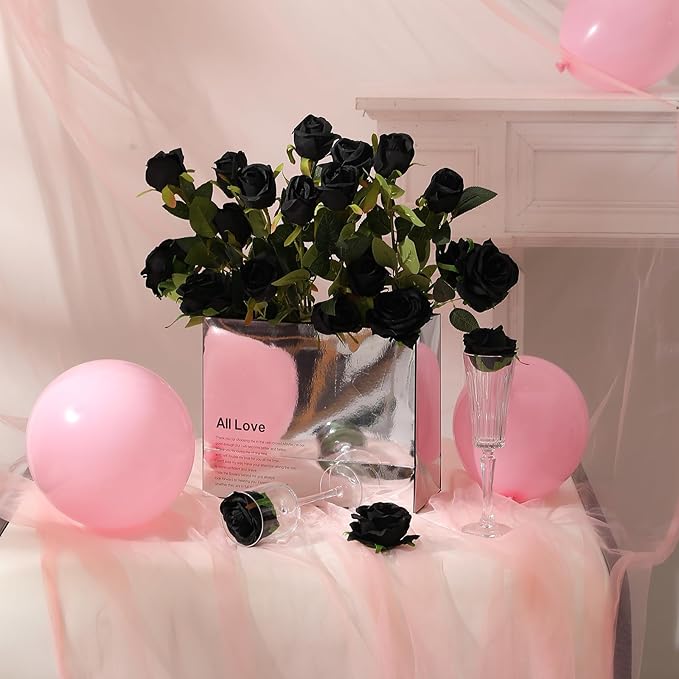 Hawesome 12PCS Artificial Silk Flowers Realistic Roses Bouquet Long Stem for Home Wedding Decoration Party (Black-1)