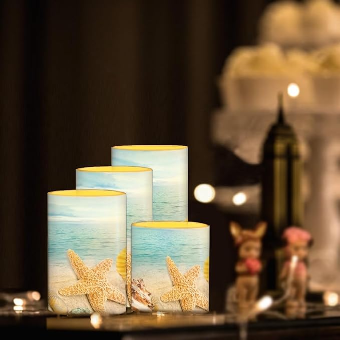 Flameless Candles Battery Powered LED Candles with Remote Timer Color Changing Control Long Lasting for Indoor Outdoor Beach Home Decoration Set of 4, Coastal Starfish Blue Sea