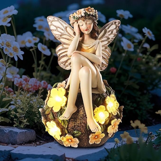 Solar Fairy Statue Sitting on The Flower Ball Light 6.8" Angel Statues for Garden Yard Patio Porch Lawn Decor Resin Fairy Figurine Outdoor Waterproof Angel Gifts for Women Mom Sister