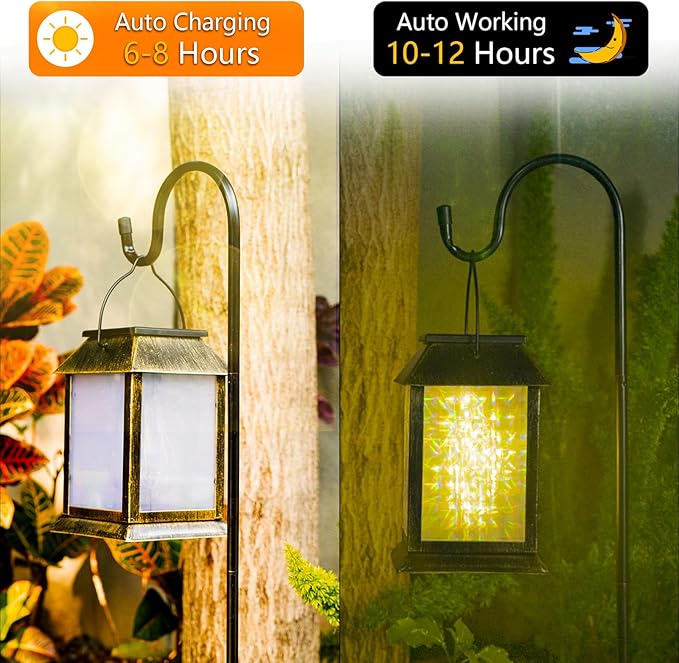 2 Pack Solar Lanterns Outdoor Waterproof, 3D Hanging Solar Lights, Type-C Rechargeable LED Pathway Lights with 2 Modes (Steady & Flashing), for Garden Decor, Patio, Yard, Camping