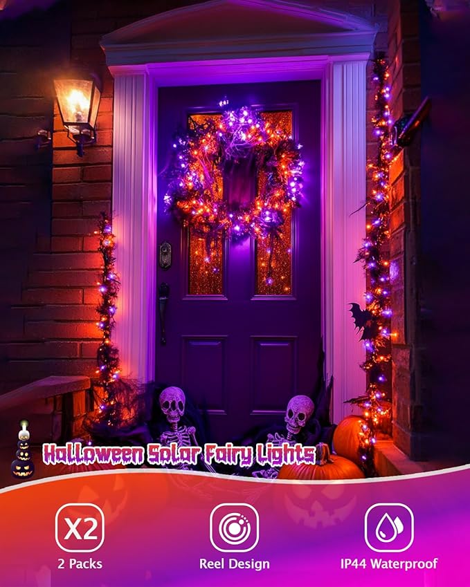 JMEXSUSS 2 Pack Solar Halloween Lights, Total 66FT 200 LED Orange and Purple Halloween Lights Outdoor Waterproof, 8 Mode Black Wire Solar String Lights for Tree Yard Spooky Party Halloween Decorations
