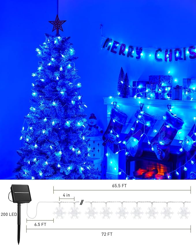 Brightown Solar Christmas Snowflake String Lights, 72FT 200 LED Outdoor Waterproof Fairy Lights with 8 Lighting Modes for Wedding, Party, Tree, Room, Garden, Patio, Yard, Home, Blue