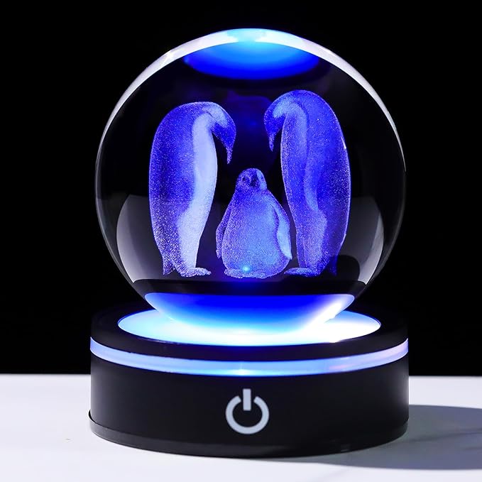YWHL 3D Crystal Ball Penguin Figurine with LED Base Laser Penguins Gifts for Women Men on Christmas Birthday Decorative Penguin Statue Ball Glass Animals Globe Night Light for Home Decor (80mm)