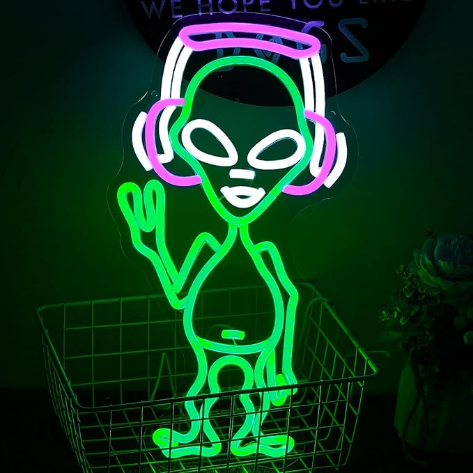 Alien Neon Sign for Wall Decor - Green Music Neon Light Dimmable Cool LED Light Up Sign for Music Studio, Game Room, Party, Bar, Man Cave Decoration