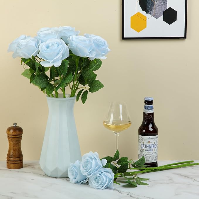 12pcs Roses Artificial Flowers Fake Roses Baby Blue Silk Roses White Silk Flowers Rose with Long Stems for Wedding Home Party Centerpieces Decorations