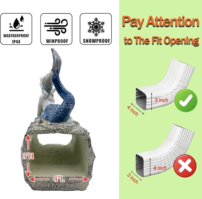 Mermaid Gutter Downspout Splash Block Statue, Garden Outdoor Animal Decor Sculpture, Diverter Rain, Decorative Extension, Waterproof Resin, Fits 3"x4" Rectangular Downspouts, Unique Gift