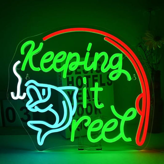 Keeping It Reel Neon Sign Fishing Themed LED Wall Decor for Man Caves, Tackle Shops & Lake Houses, USB-Powered Adjustable Brightness, Angler-Themed Decoration