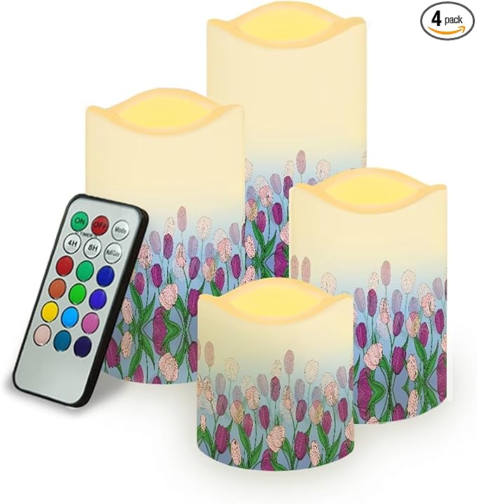 Ystardream Purple Tulips Flameless Candles with Timer Led Candles Flickering 4 Candle Sets for Home Decor,18 Key Remote Control，Dancing Flame, True Wax, Battery Power