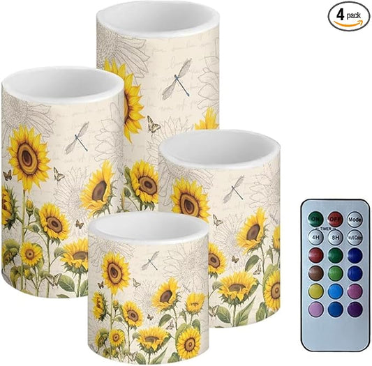 Flameless LED Candles Electric Candle Set with Remote Timer Color Changing Control Long Lasting for Table Centerpiece Home Indoor Decoration Pack of 4, Sunflower Dragonfly Retro