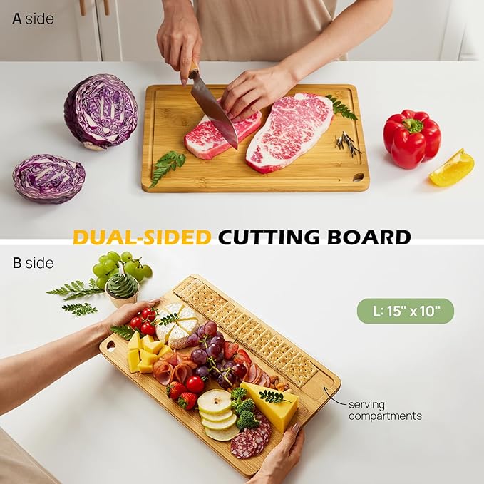 Cutting Board For Kitchen Natural Bamboo With Smooth Finish & Deep Juice Groove – L (15x10) – Great For Slicing, Serving