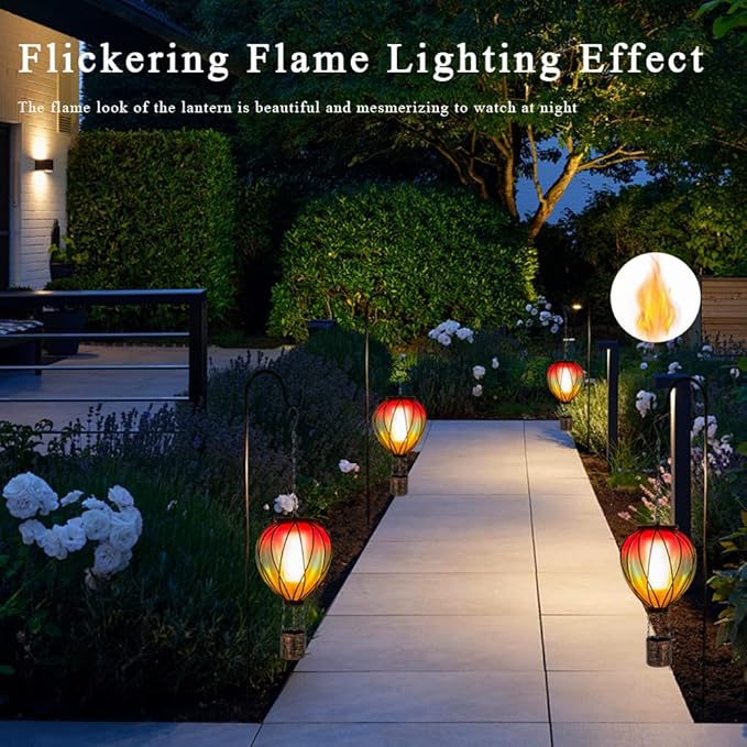 Hot Air Balloon Solar Lantern, 2 Pcs Solar Hot Air Balloon with Flickering Flame, Hanging Outdoor Lantern Waterproof Decor for Patio, Garden, Porch