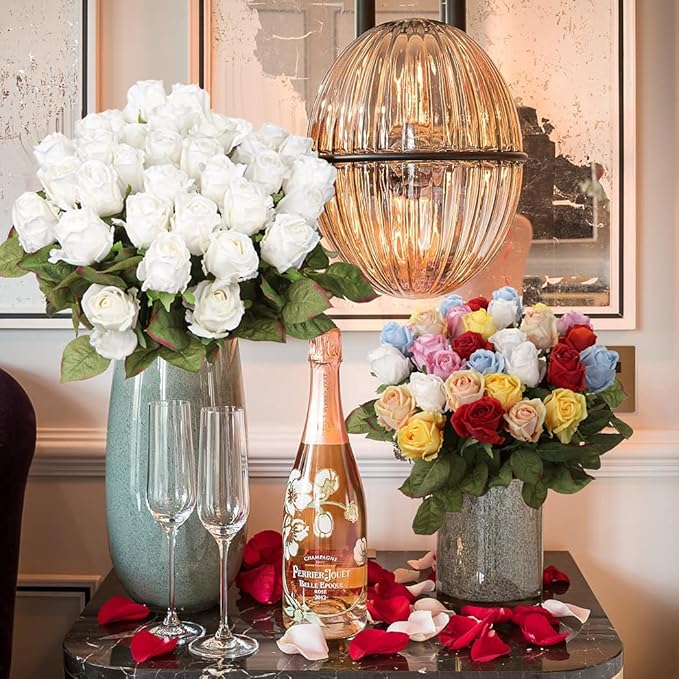 Artificial Realistic Roses White Flowers 24" Real Touch Silk Roses Bouquet Long Stems Rose Fake Roses Decor for Home Party Wedding Table Centerpieces Roses Realistic - 5 Pcs