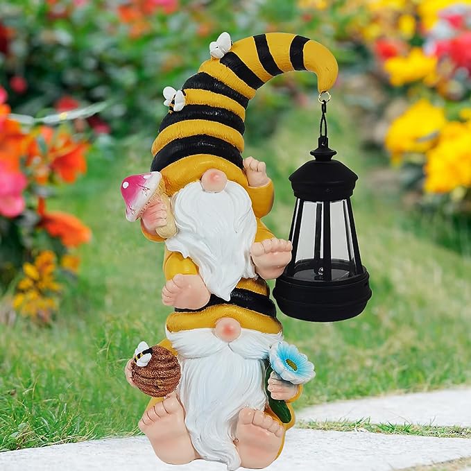 Garden Gnomes Outdoor Solar Bee Garden Gnomes with Led Lantern Outdoor Decor for Yard,Patio,Lawn,Gnome Gifts for Women,Mom,Gnomes Decorations for Yard