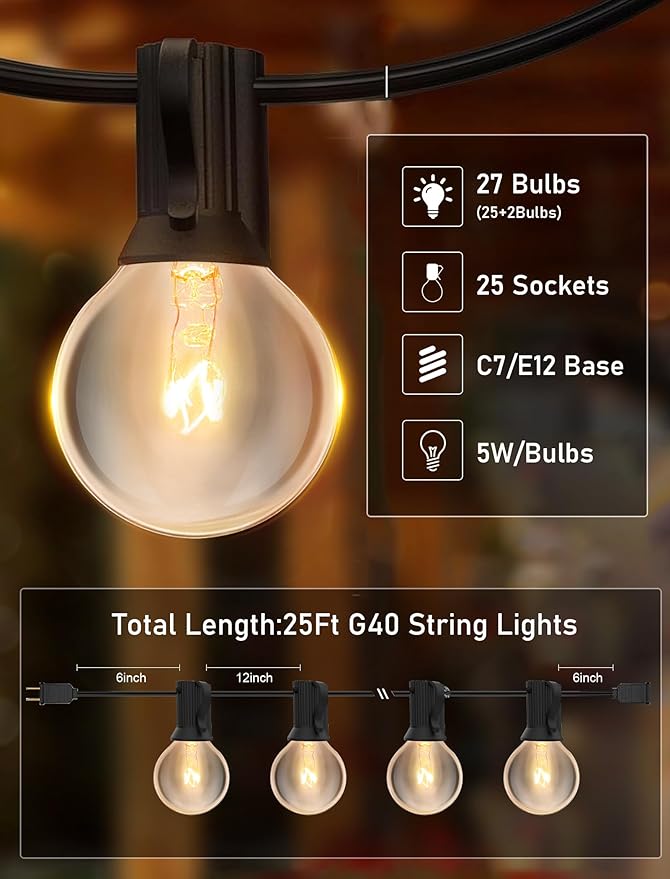 25FT String Lights, G40 Outdoor String Lights Edison Light Bulbs Clear Globe Lights for Backyard Patio Lights Indoor/Outdoor Commercial Decoration -5 Watt/120 Voltage/E12 Base -Black Wire