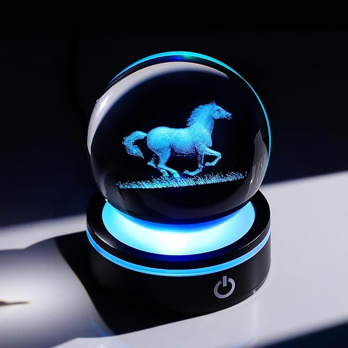YWHL 3D Crystal Ball Horse Figurine with LED Base, Horse Gifts for Men Women Horse Lovers on Christmas Birthday, Horse Statue Glass Sphere Animal Decorative Ball for Home Decor (80mm)