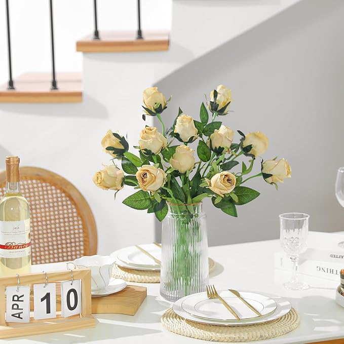 12Pcs Realistic Fake Champagne Roses Faux Flowers with Long Stems, Artificial Silk Rose Flowers for Valentines Day Home Wedding Decor Bridal Bouquet