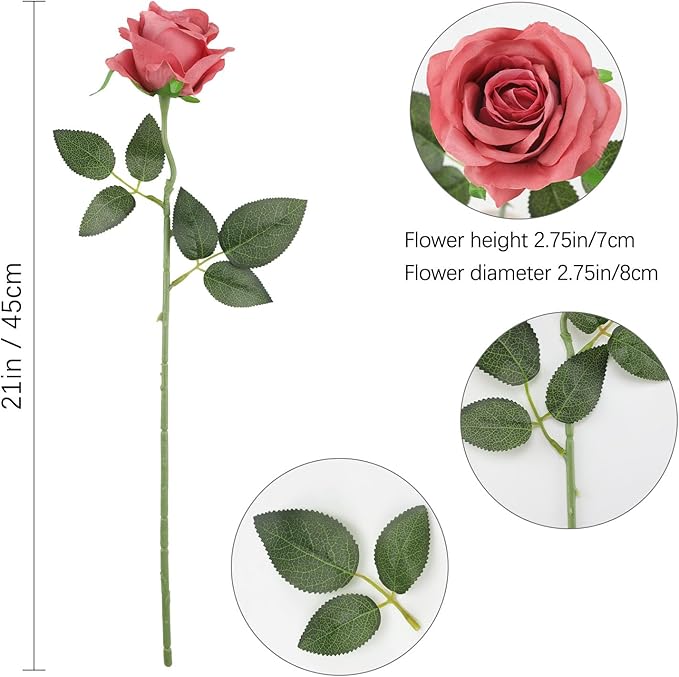 Pink Fake Roses Artificial Flowers - 16 Pcs Fake Artificial Roses Silk Flowers with Stems for Home Wedding Hotel Office Centerpiece Decor（Coral Pink）