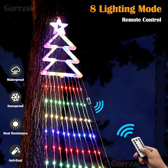 Outdoor Christmas Decorations Star String Lights 420 LED Waterproof Waterfall Lights with Christmas Tree Topper, Gorrzai 8 Lighting Modes Tree for Yard Patio Garden Party (Multi-Colored)