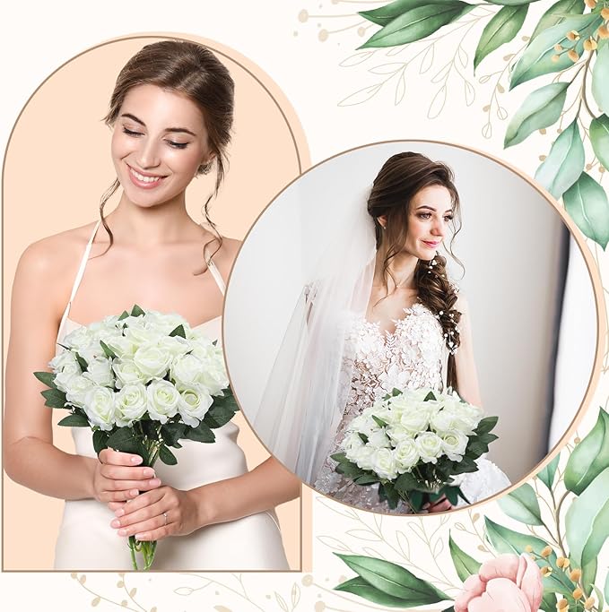 36 Pcs Silk White Rose Bouquet Bridal Artificial Flowers,Fake Rose Long Stem Realistic Artificial Flowers Bulk for Wedding Bouquet Ball Arrangement Centerpiece Party Decor