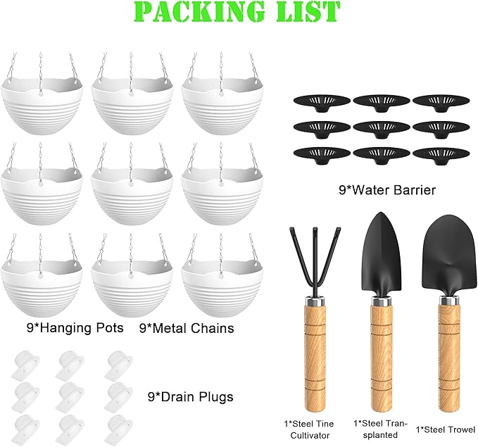 Hanging Planters, Set of 9 White Hanging Pots, 8" Hanging Flower Pots, Plant Pots with Drainage Plugs, Water Barrier and Chains, Come with Free Mini Garden Tools Set
