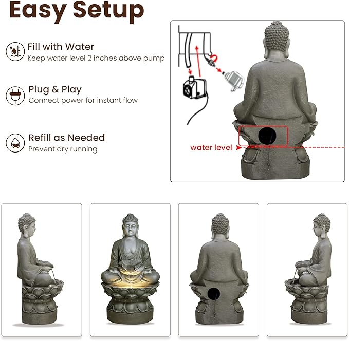 Buddha Water Fountain Outdoor Large Sitting Lotus Base Waterfall Fountains Zen Water Feature Indoor with LED Light for Garden Patio Backyard Deck Lawn Porch Balcony Home 45 inches Gray