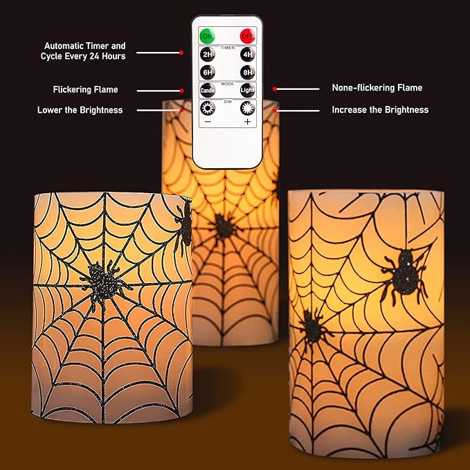 Spider Web Decor Flameless Candles Battery Operated with Remote Timer Haunted House Spooky Decorations Set of 3 Real Wax Black LED Flickering Candles Decorative for Halloween Decor Party