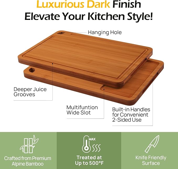 Wood Cutting Board, Carbonized Bamboo Set With Smooth Surface & Easy Storage For Busy Kitchens, Ideal Charcuterie & Chopping, Durable, Knife-Friendly (4Pcs)