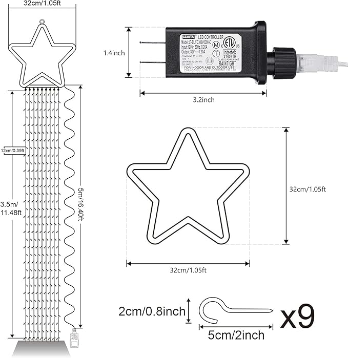 Toodour Christmas Decorations Outdoor Star Lights, 317 LED 10ft X 9 Waterfall Tree Lights with 12" Topper Star, 8 Lighting Modes Outside Christmas Lights for Yard Garden Holiday Decor (Warm White)
