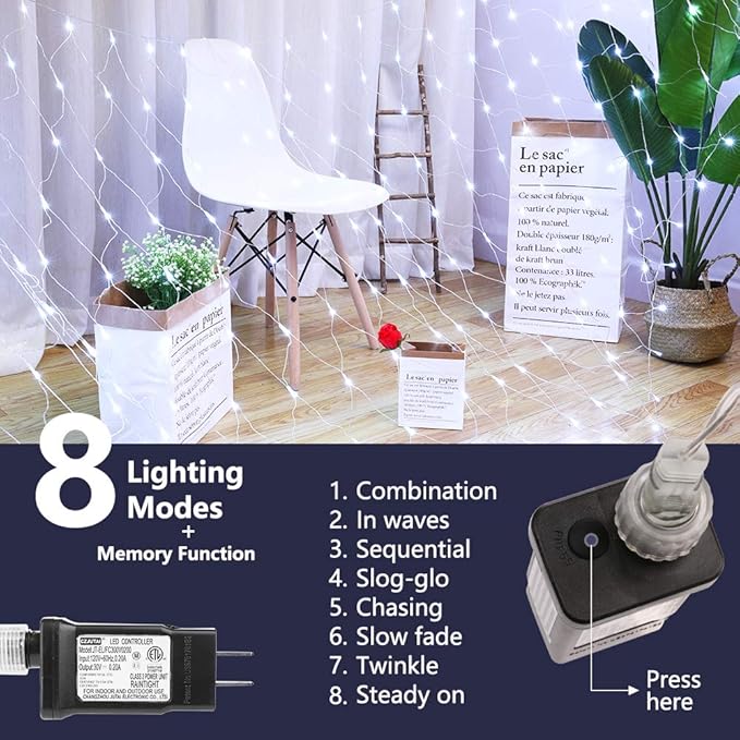 LYHOPE 12ft x 5ft 360 LED Christmas Net Lights, 8 Modes Low Voltage Mesh Christmas Decorative Lights for Xmas Trees, Bushes, Wedding, Garden, Outdoor, Indoor Decor (White)