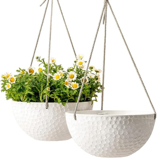 LA JOLIE MUSE 10 Inch Hanging Planters for Indoor Plants, Outdoor Garden Planter Pots, White, Honeycomb, Set of 2