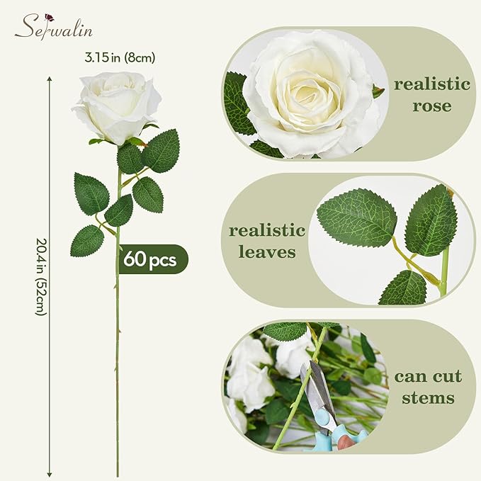 Serwalin 60 PCS White Artificial Roses in Bulk, 3.15'' Flower Head Fake Silk Roses Realistic Roses for Bridal Bouquet Wedding Centerpieces Flower Arrangement Party Home Decor