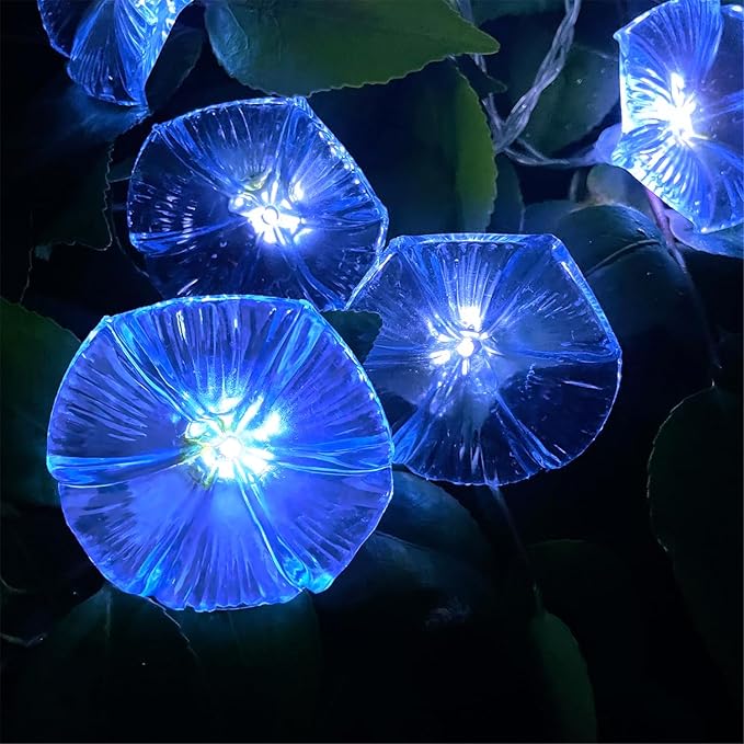 Solar Petunia Blue Morning Glory Flowers and Solar Hawaiian Frangipani Flower String Lights Tropical Flowers