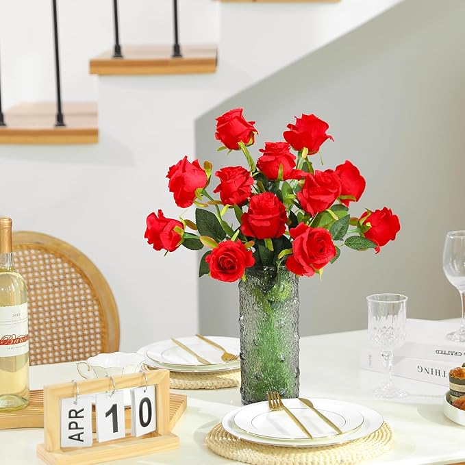 12Pcs Realistic Fake Red Roses Faux Flowers with Long Stems, Artificial Silk Rose Flowers for Valentines Day Home Wedding Decor Bridal Bouquet
