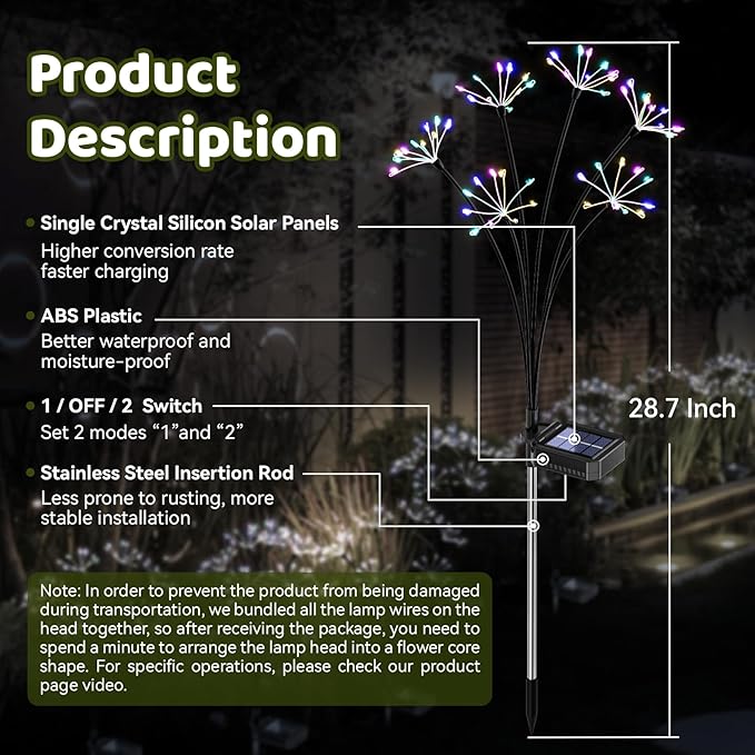 Solar Garden Lights 4 Pack, 240LED Flickering Firework Lights with 2 Light Modes, Waterproof Solar Lights for Pathway Yard Outdoor Garden Decor, Flower Lights for Women Mother’s Day, Multiple Colors