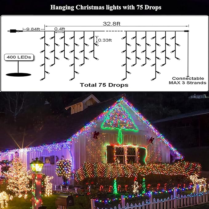 Led Christmas Lights Outdoor Christmas Decorations Hanging Light 400LED 8 Modes 75 Drops, Waterproof Outdoor Indoor Fairy Christmas Lights for Party, Holiday, Wedding Decorations (Multicolor)