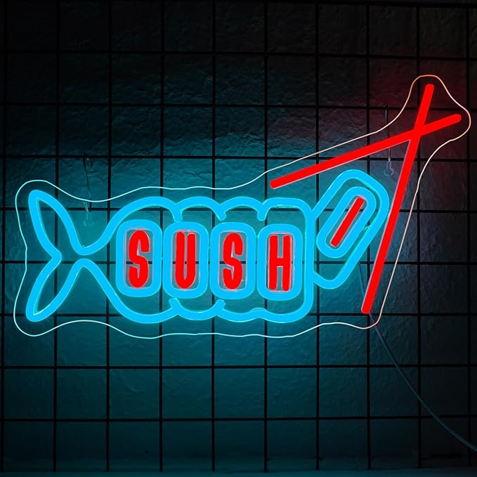 WLHOPE Sushi Fish Neon Sign Neon Signs for Wall Decor Dimmable Sushi Blue Pink Neon Lights LED Sign for Sushi Shop Restaurant Hoom Kitchen Party